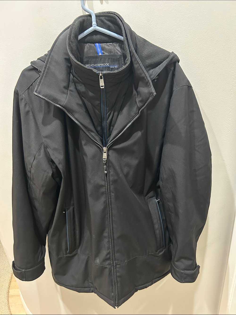 Weatherproof Men’s Black Hooded Raincoat with Zip Front